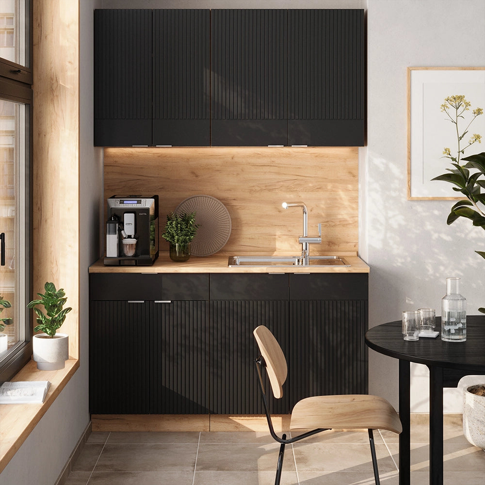 Cucina completa Fame-Line Nero rigato/Rovere dorato 140 cm, PL Antracite Vicco