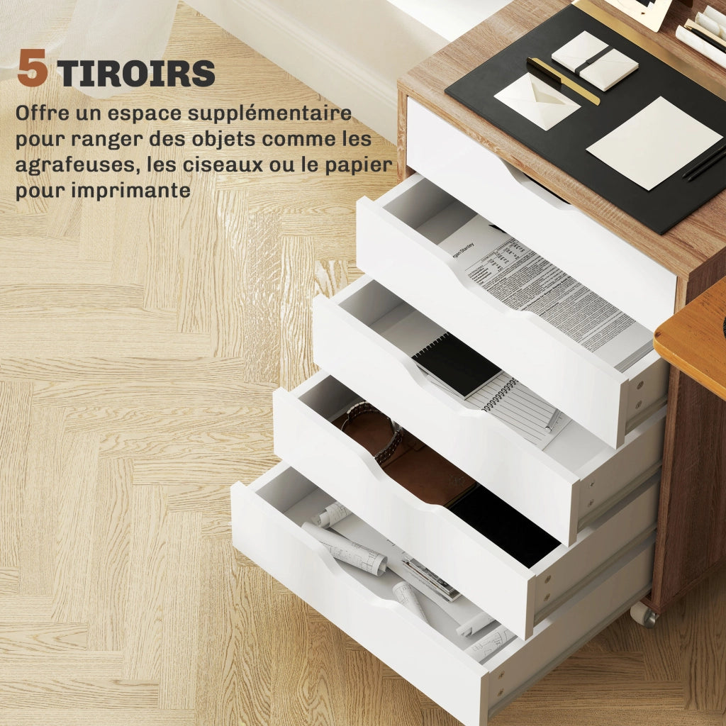 Scrivania con cassettiera mobile ¨C zephmum ¨C 5 cassetti, bianco e rovere, 47.5x39.5x67.5 cm