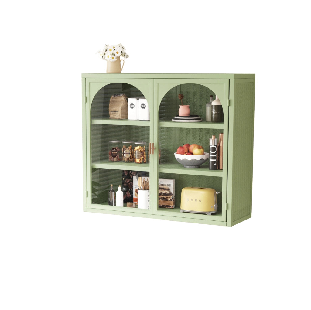 Mobiletto da Parete Moderno Verde con Due Ante in Vetro e Tre Ripiani, 70 cm