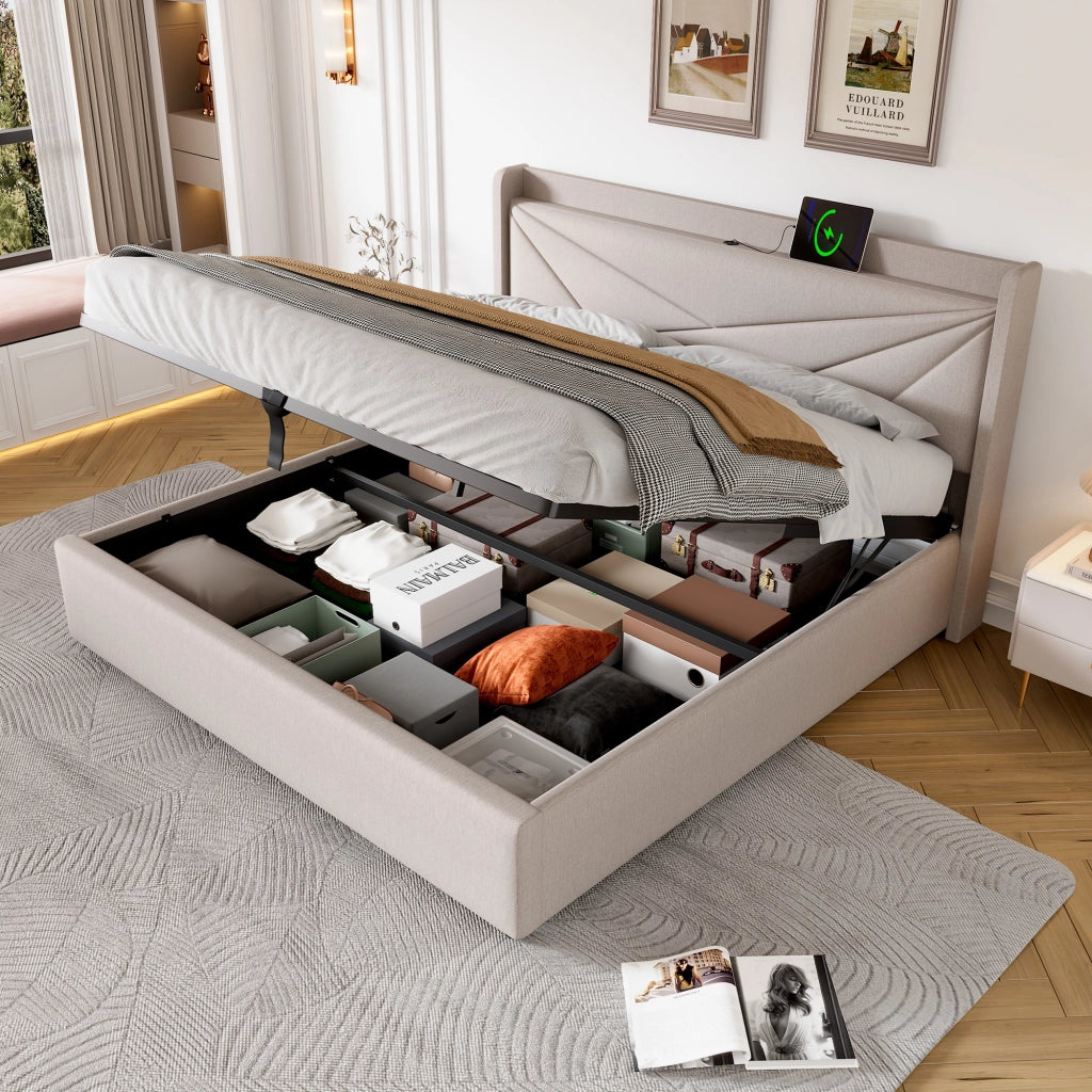OKWISH Letto Contenitore 160×200 cm, Letto Matrimoniale con USB, Tipo C e Testiera Geometrica, senza Materasso, in Lino Cotone, Beige