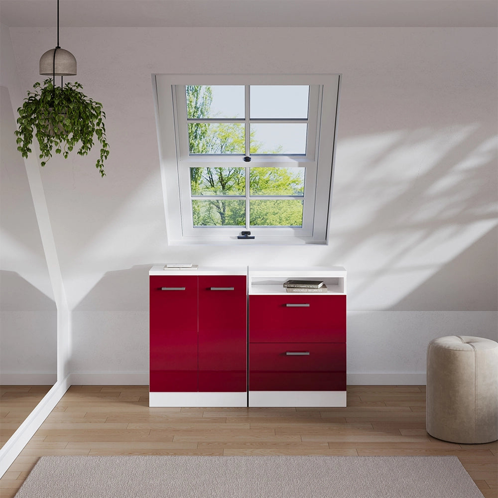 Set di mobili sottotetto Rion Rosso lucido/Bianco 120 cm Set di 2 carcasse armadio profondità 60 cm Vicco