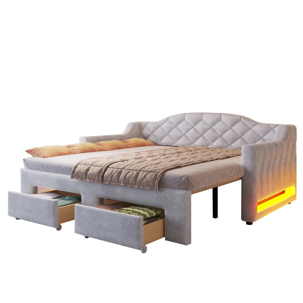 Letto Imbottito con Cassetti e LED ¨C Xylo ¨C Grigio, 90x200-180x200