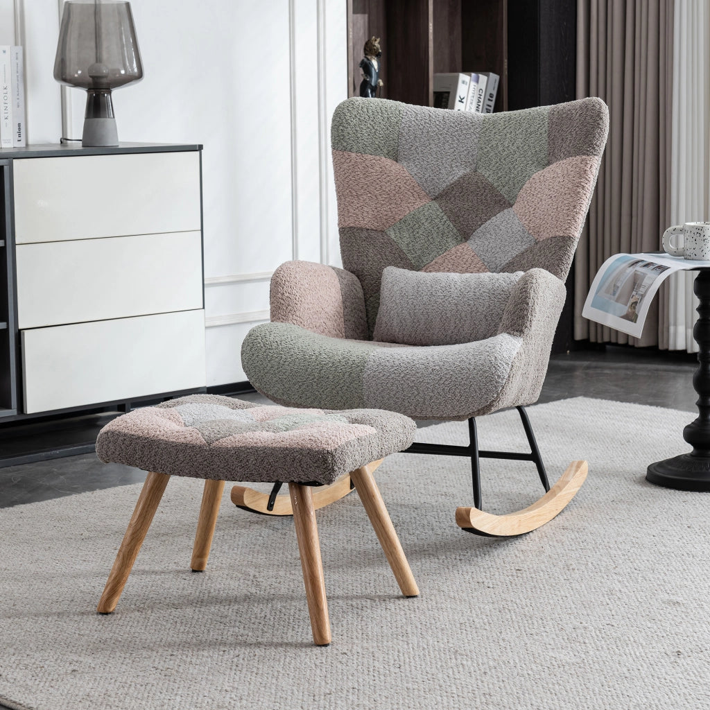 Sedia a dondolo in velluto multicolore, seduta 43 cm, poggiapiedi e cuscino lombare inclusi, struttura in legno