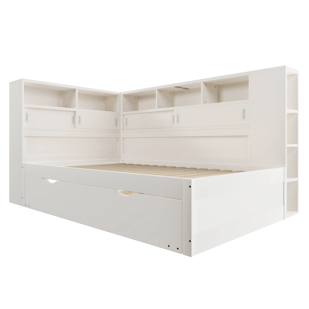 Letto singolo 90 × 200 cm con letto estraibile, contenitore con USB, senza materasso, bianco