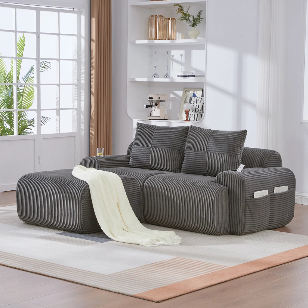 Divano modulare 2 posti in tessuto a coste con portabicchieri e tasca laterale grigio scuro 200 × 174 × 80 cm