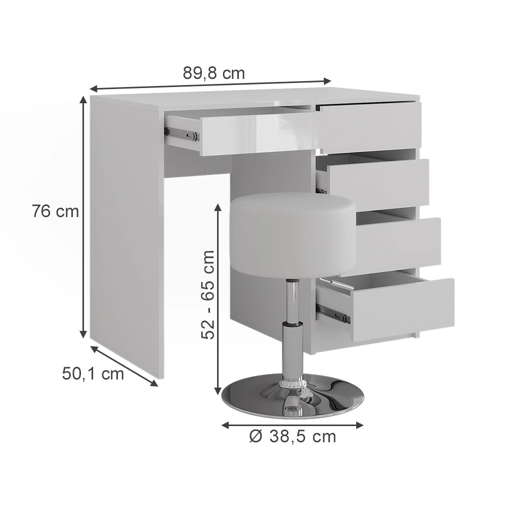 Vicco Tavolo da toeletta Bianco/bianco lucido 89.8 cm con sgabello