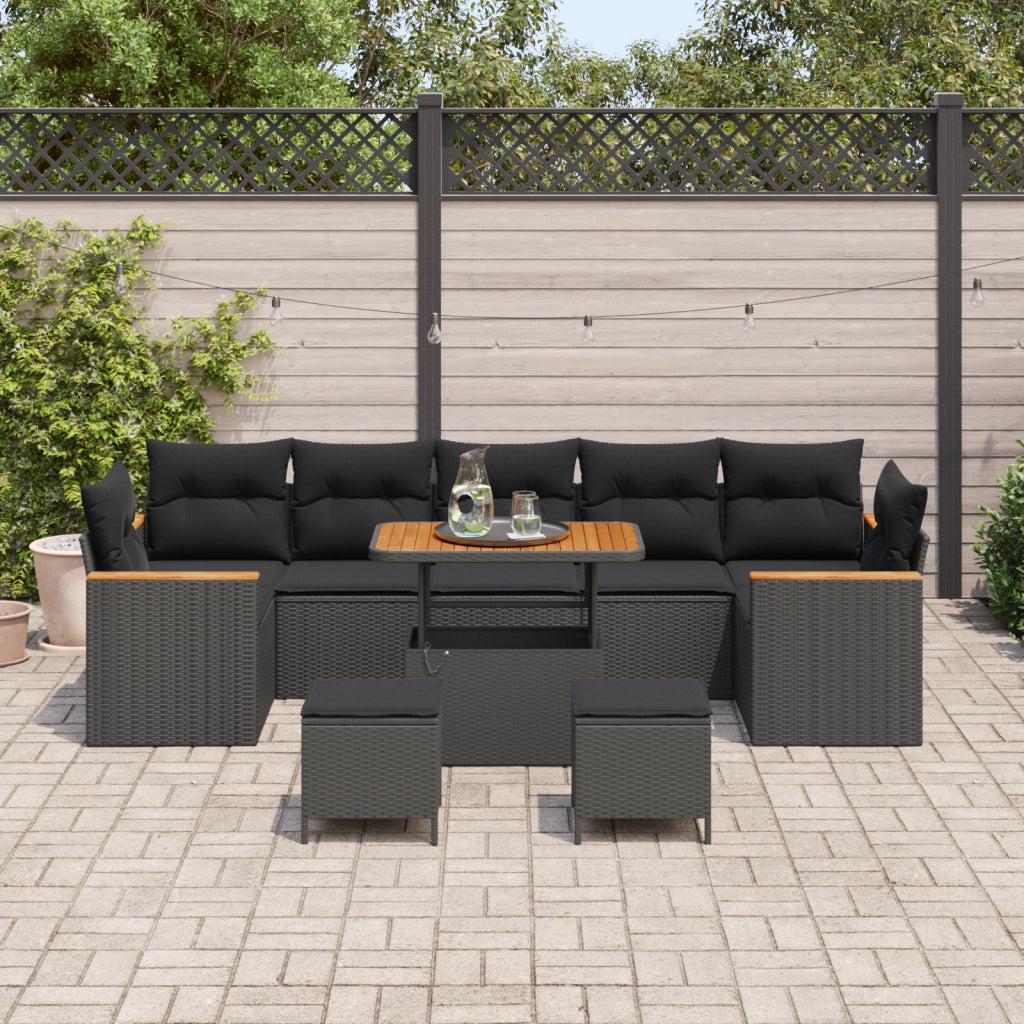 Set di Divani da Giardino  10 Pezzi con Cuscini Nero Polirattan Acacia