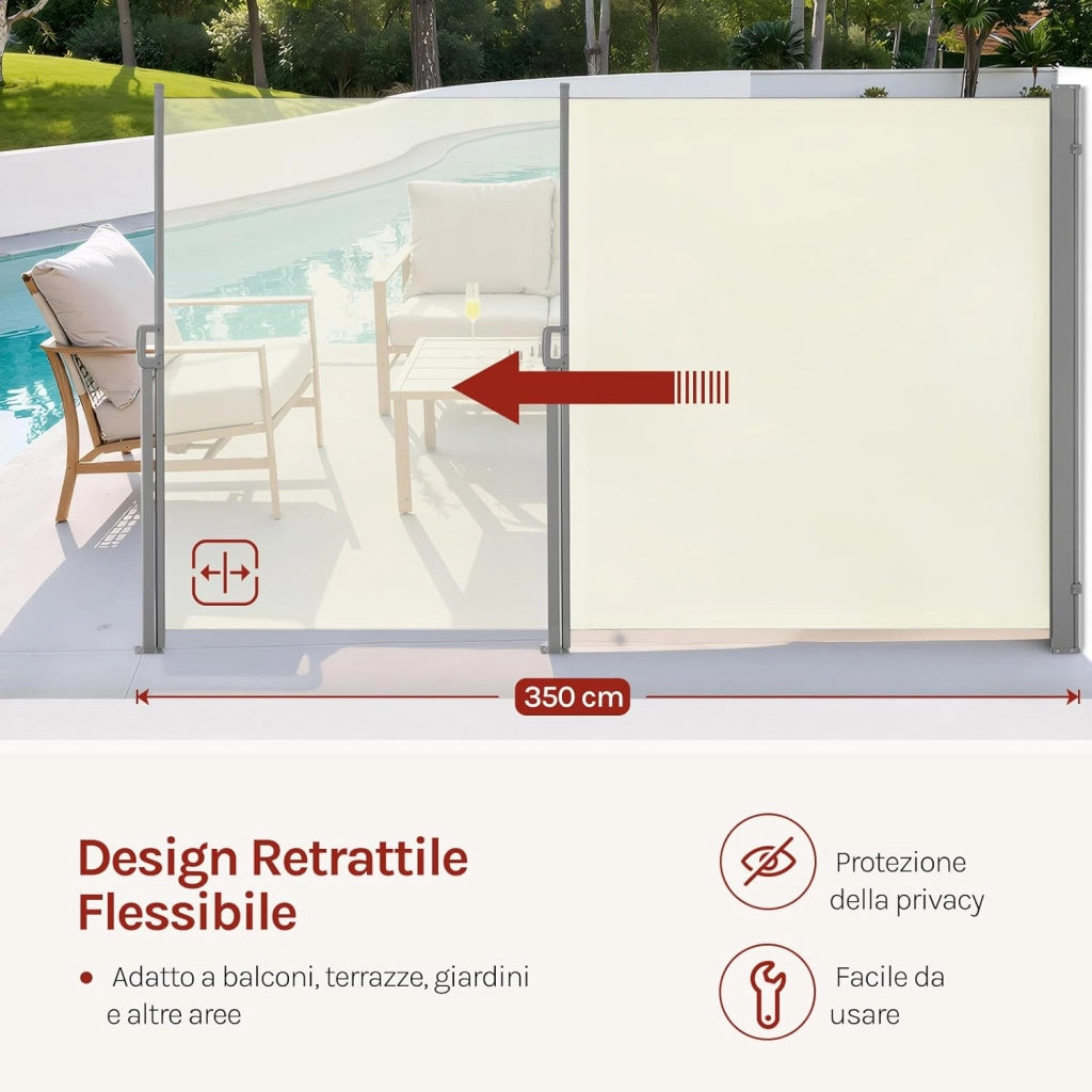 Paravento Esterno, Tenda Laterale Retrattile, 180x350 cm, Frangivista, Protezione Solare & Antivento, per Giardino, Balcone, Terrazza, Patio, Crema
