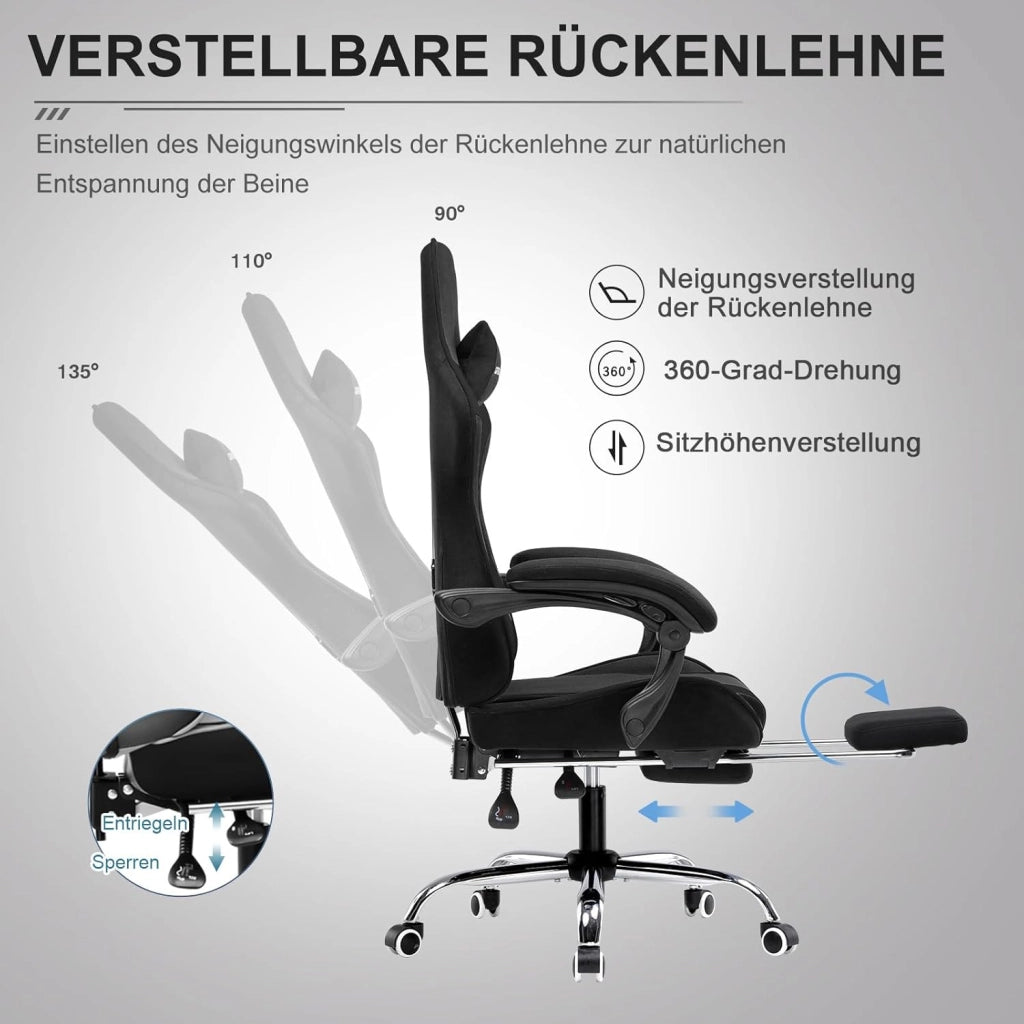 Sedia da ufficio da gaming, in tessuto, ergonomica, con poggiapiedi, poggiatesta lombare, imbottita, sedia girevole