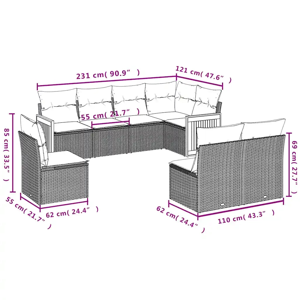 Set Divani da Giardino 8 pz con Cuscini Nero in Polyrattan 3227723