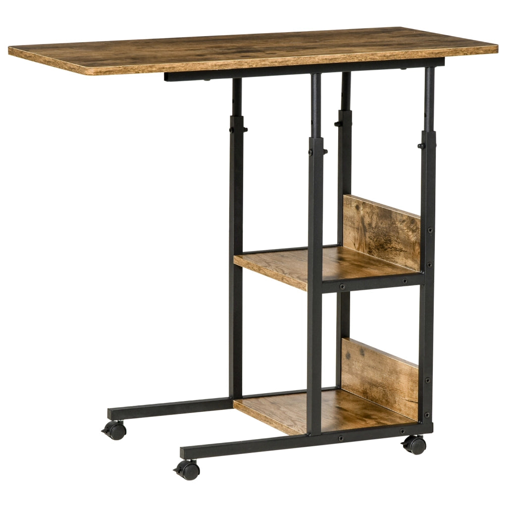 Tavolino da Salotto a C Stile Industriale, Comodino di Design Altezza Regolabile, 3 Ripiani e 4 Ruote con Freno, Marrone Rustico