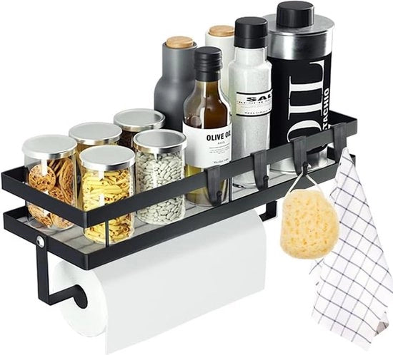 Kruidenrek da parafuoco per parete, rastrello per cucina senza perforazione, kruidenrek appeso con contenitore per tovaglioli e 6 ganci, per cucina, bagno, balcone, 35 cm, nero