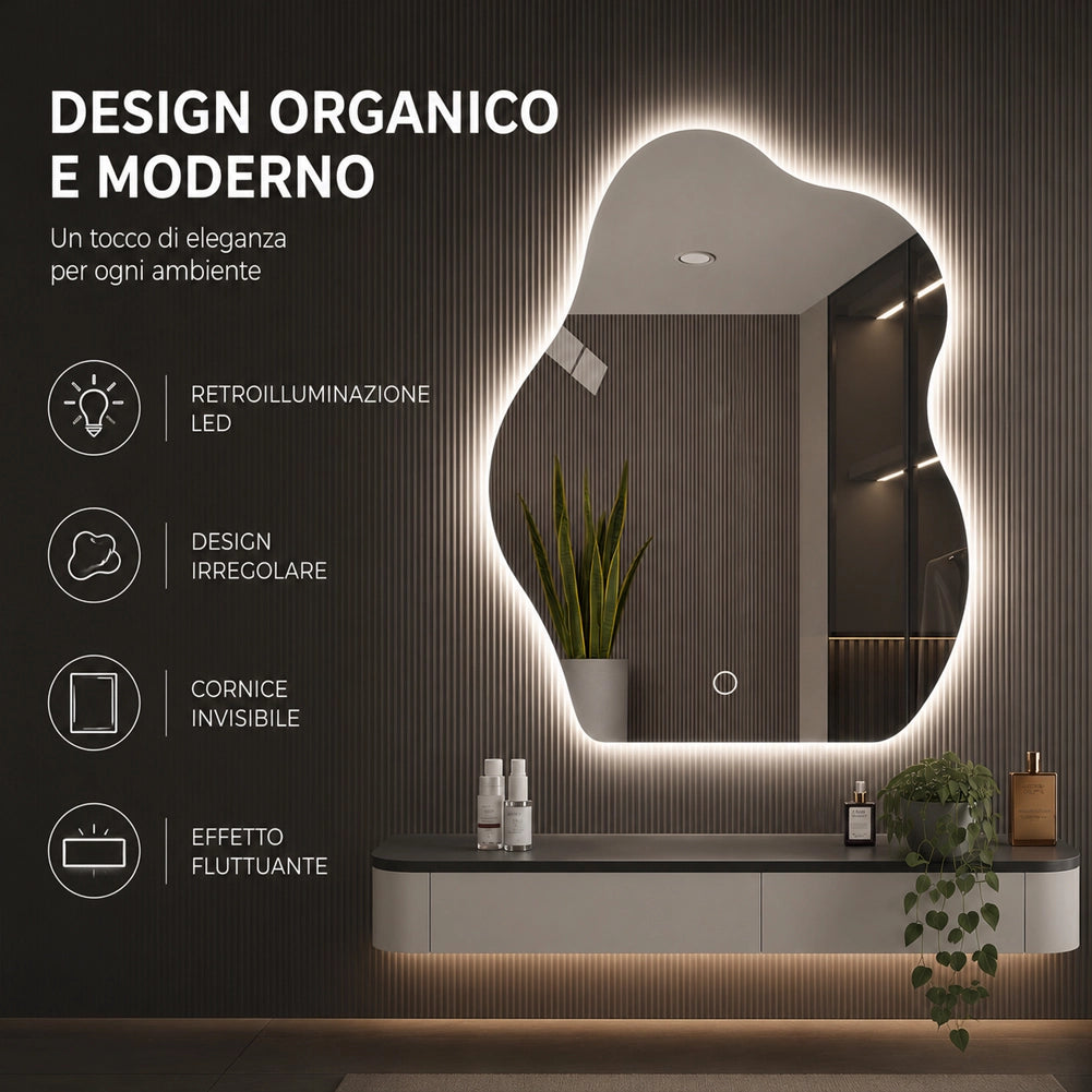 Specchio Forma Ondulata da Parete 50x70cm con LED 3 Colori Accensione Touch