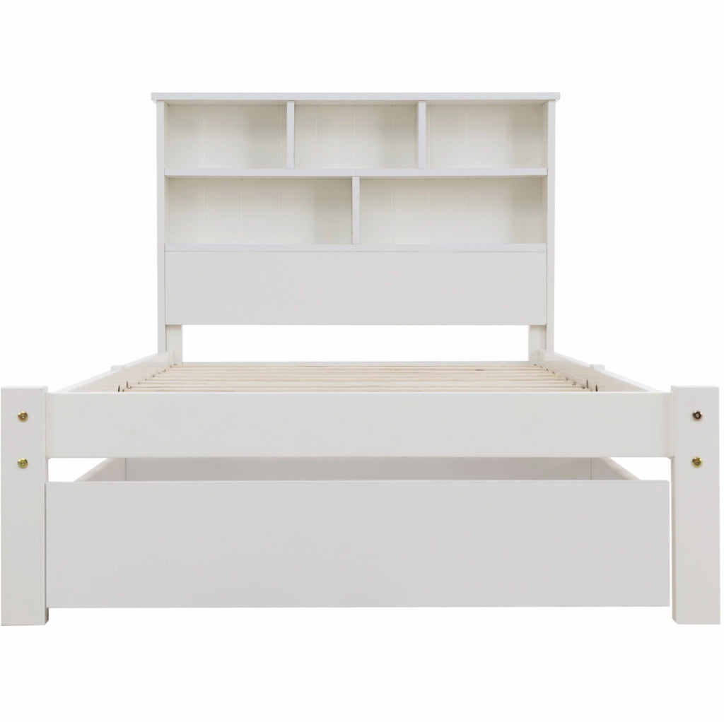 Letto singolo con testiera libreria e contenitore; 90x200 cm; pino massello e MDF; bianco