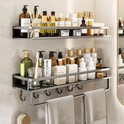 Planketta per doccia senza fori, 2 pezzi, 30 cm, organizzatore in acciaio inossidabile, ripiano per doccia con appendiabiti e 5 ganci, per camera da letto, soggiorno e cucina, organizzatore per la camera da bagno (grigio)