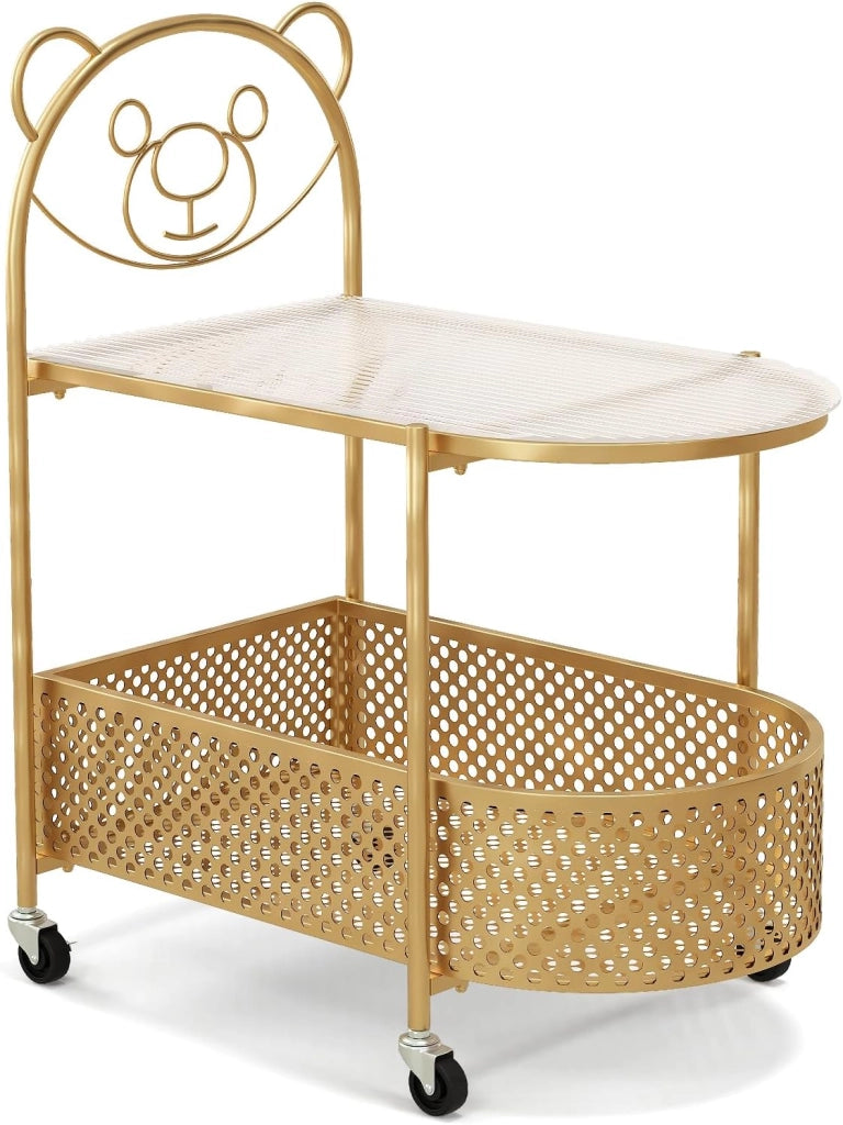 Tavolino a 2 ripiani, con 4 ruote, carrello da portata con cesto portaoggetti e piano in vetro temperato, tavolino da caffè per camera da letto, sala da pranzo, soggiorno (oro)