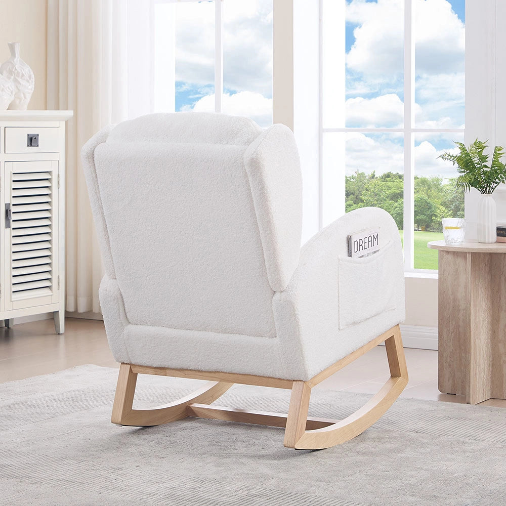Sedia a dondolo allattamento - Xylo - Struttura in legno, tessuto Teddy, poche, bianco