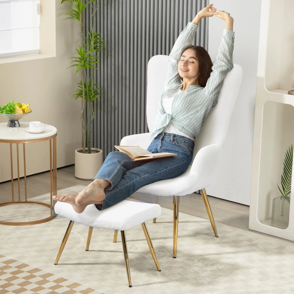 Poltrona con pouf ¨C Zephmum ¨C Bianco, Sherpa, metallo dorato