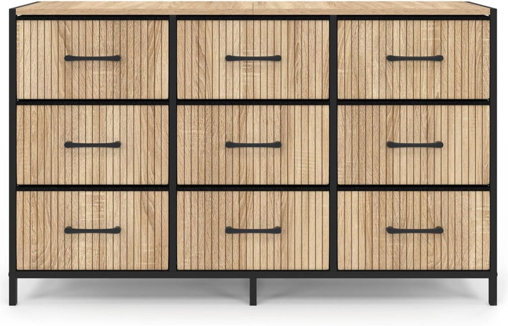 Cassettiera in tessuto a 9 cassetti UTAH 115 CM, mobile contenitore di design industriale con effetto a doghe