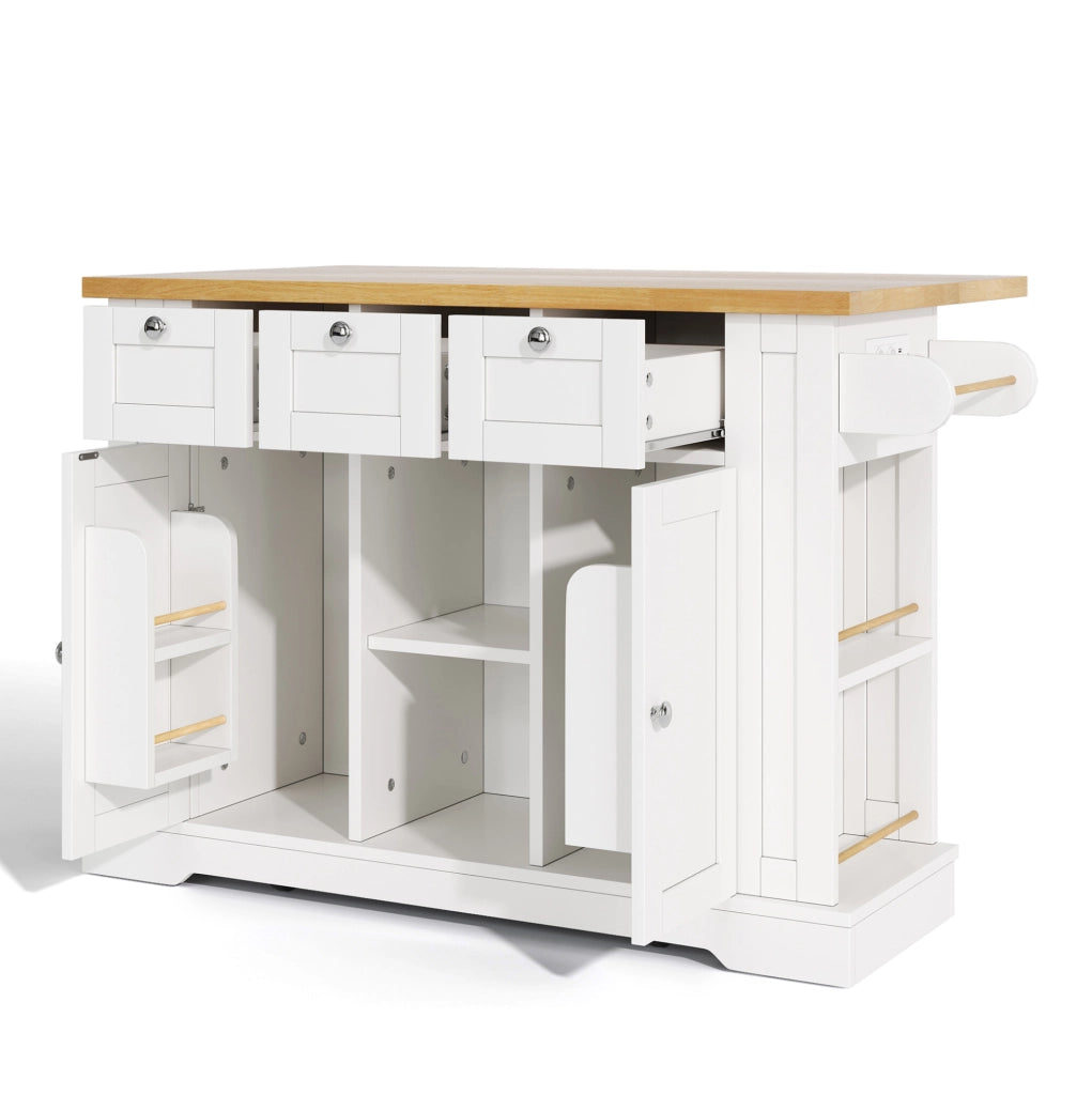 Isola cucina mobile 132x40(70)x87 cm con piano ribaltabile; prese integrate in MDF bianco e naturale