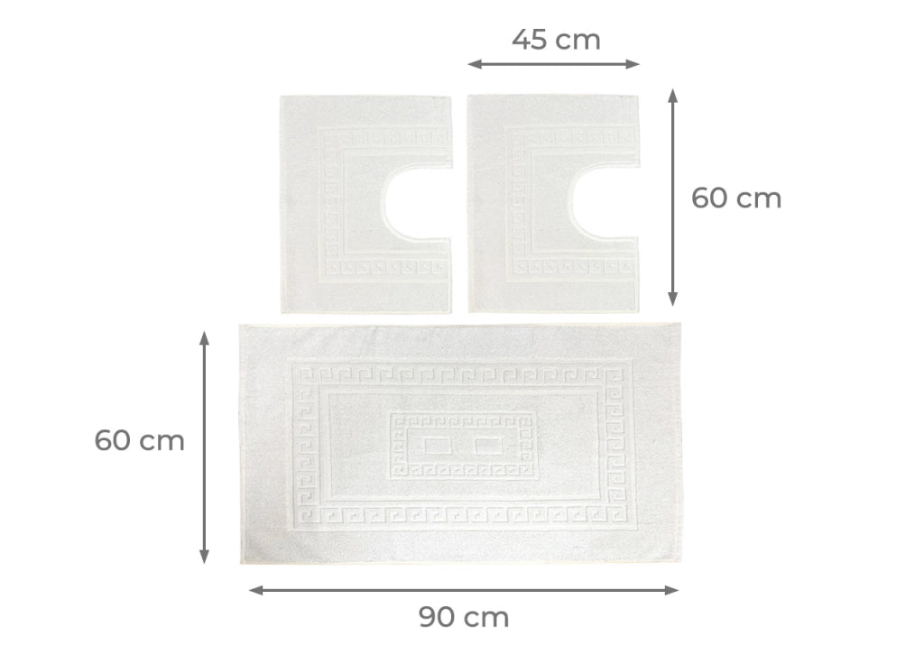 Tappeto Bagno Doccia Spugna Tinta Unita Torino Tappetino Super Assorbente In Cotone Pelo Corto Con Greca - Parure 3 Pezzi - Bianco