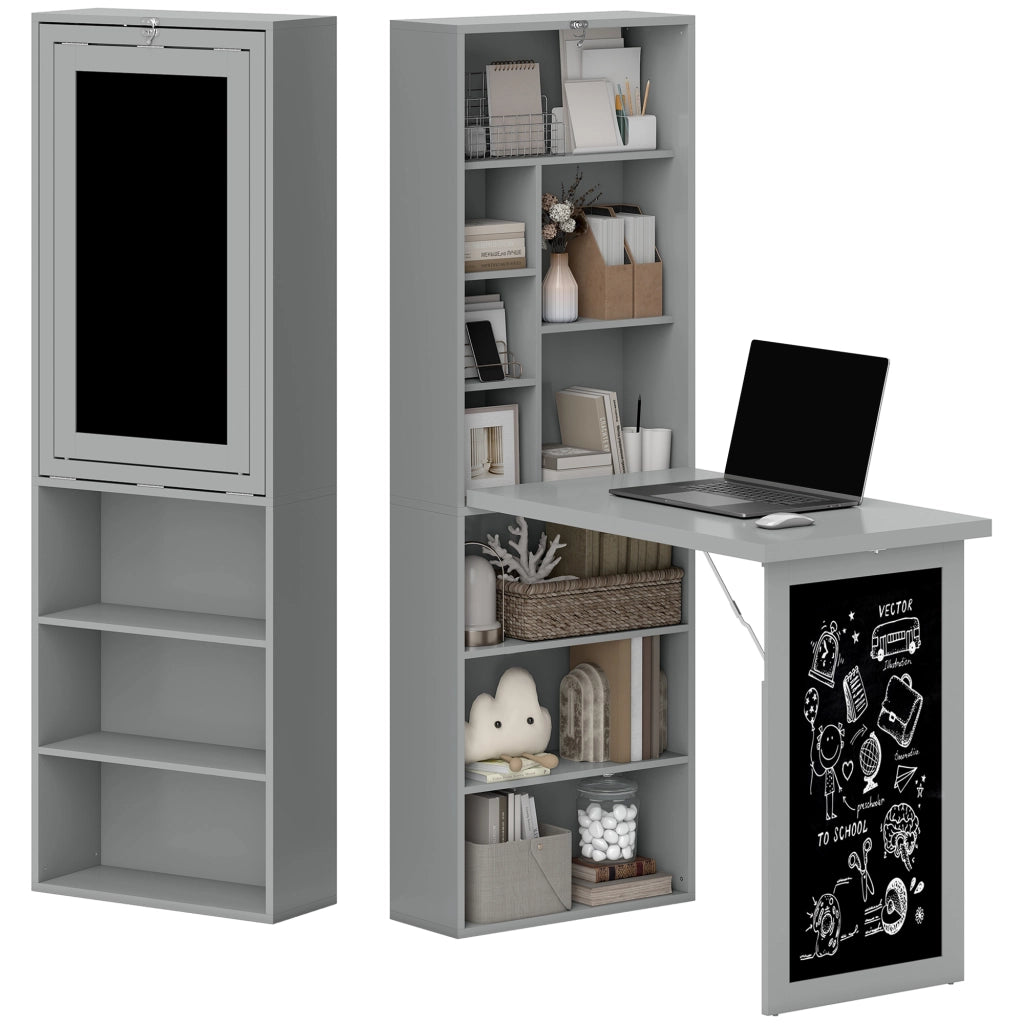 Scrivania PC Pieghevole con Libreria a 9 Ripiani in Legno e Metallo, 98x51x153 cm, Grigio