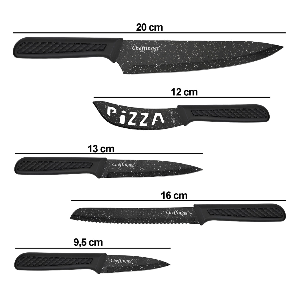 Set di 6 Coltelli con Pelapatate e Coltello per Pizza Antiaderente Nero Cheffinger