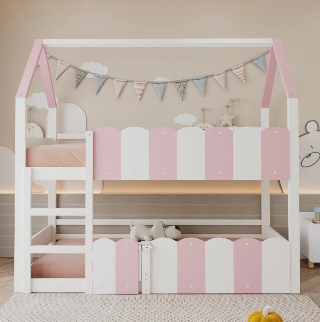 Letto a castello per bambini a forma di casetta 90x200 cm; rosa e bianco; con rete a doghe