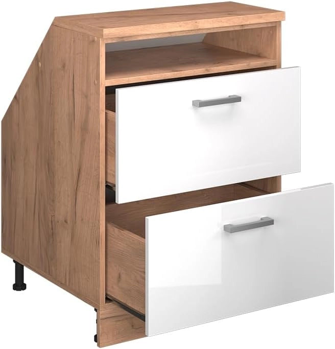Mobile sottotetto Rion, Bianco lucido, 60 x 81.6 cm con 2 cassetti, carcassa 60 cm profondità, adatto per il salvaspazio sotto tetti spioventi