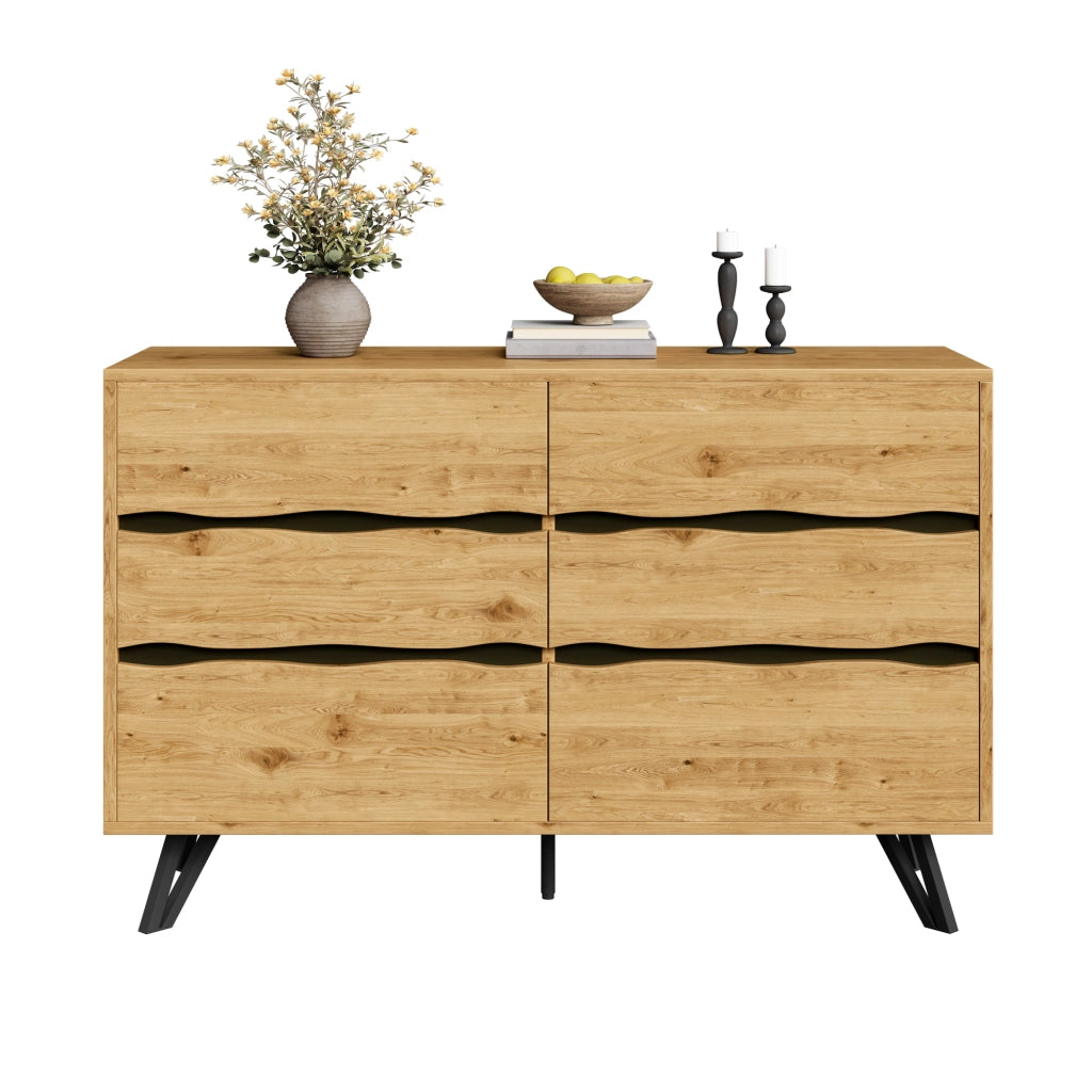 Credenza con 6 Cassetti; Frontali Ondulati e Piedini in Metallo; Stile Moderno; in Pannello Truciolare; Legno; 120??40??75;5 cm