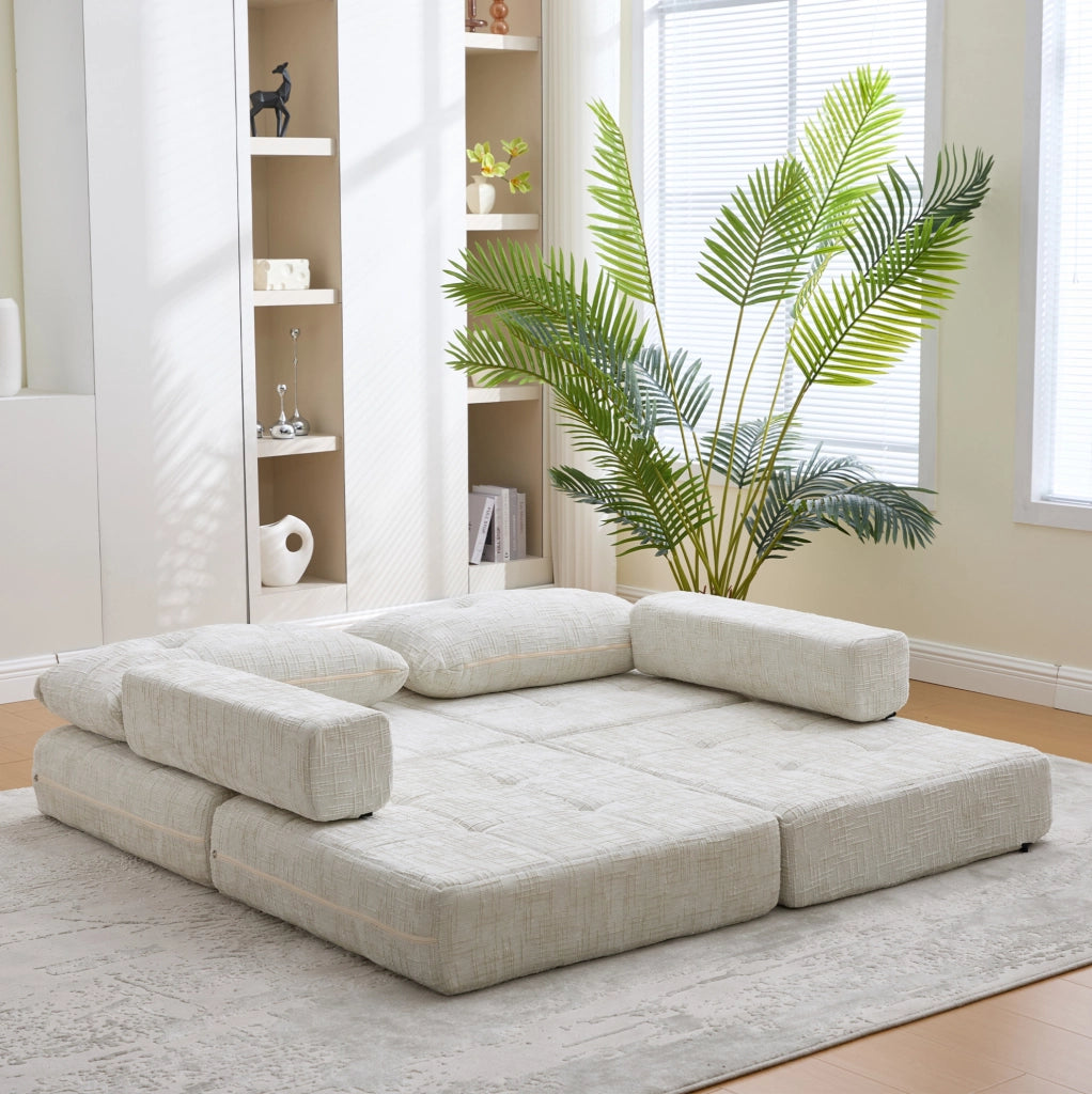 Divano letto pieghevole in chenille beige 79x180 cm con cuscini; per soggiorno e camera