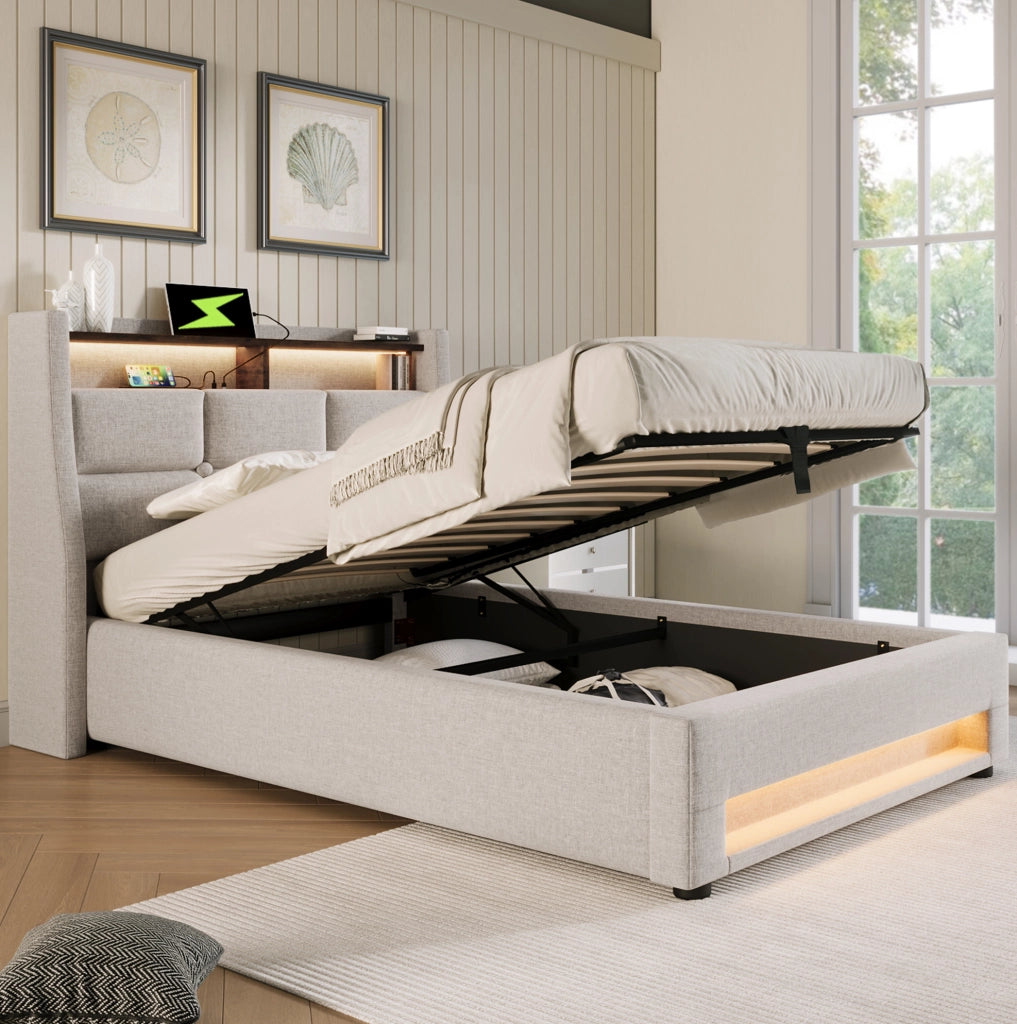 Letto matrimoniale imbottito 90x200 cm con LED e USB; in tessuto lino beige chiaro