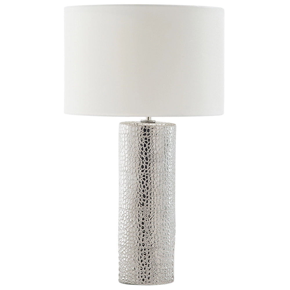 Lampada da tavolo Lampada da comodino con paralume a tamburo in finta seta con base a colonna in ceramica bianca