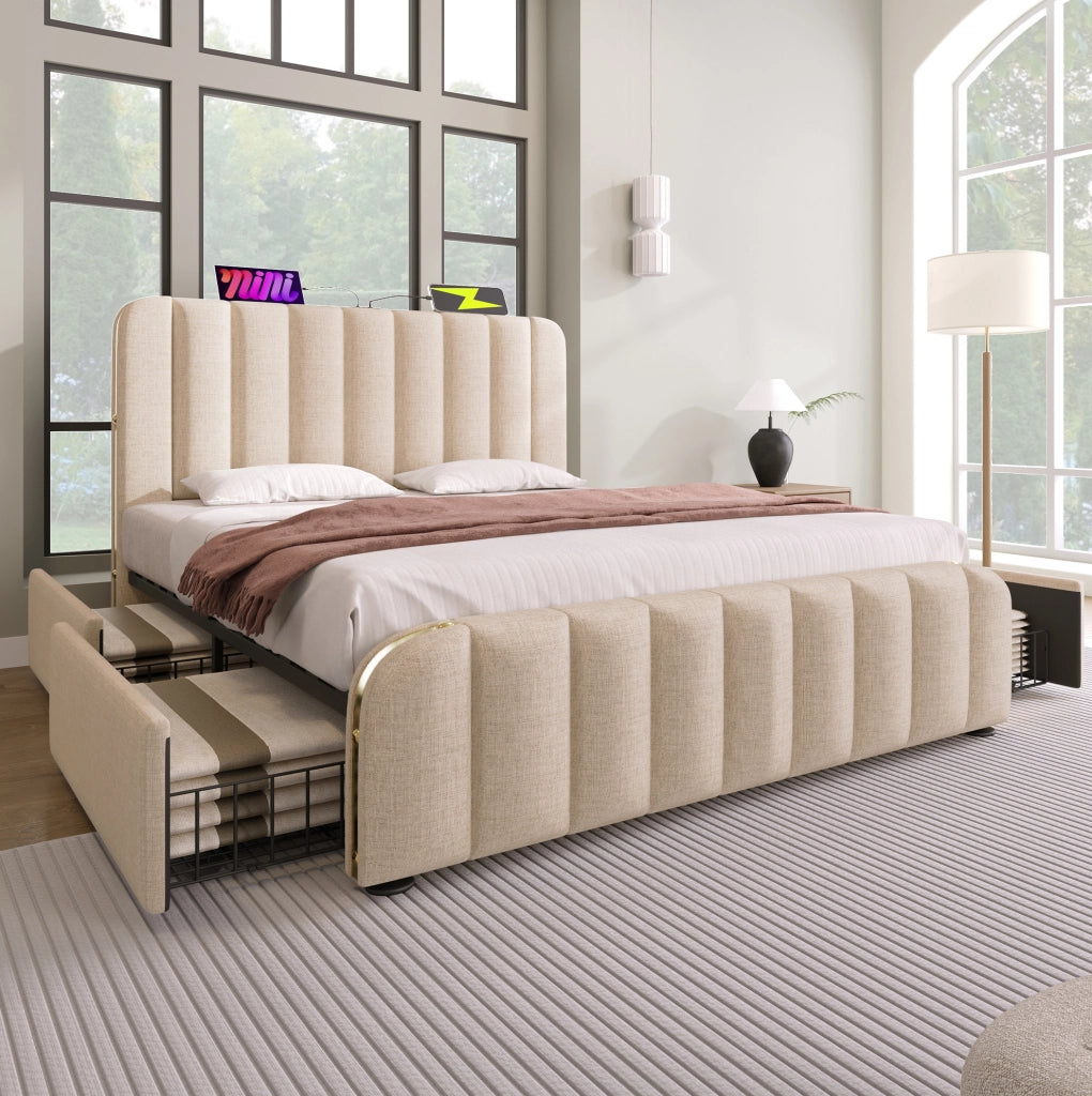 Letto matrimoniale imbottito 140x200 cm beige con 4 cassetti; USB e Type-C