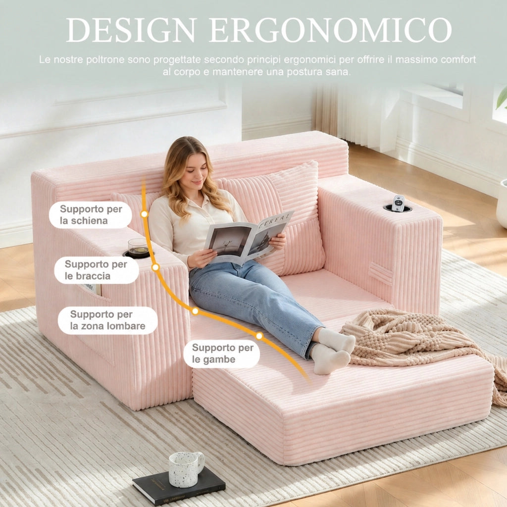 Divano due posti rosa 151 x 133 x 64 cm con cuscini e portabicchieri; velluto a coste