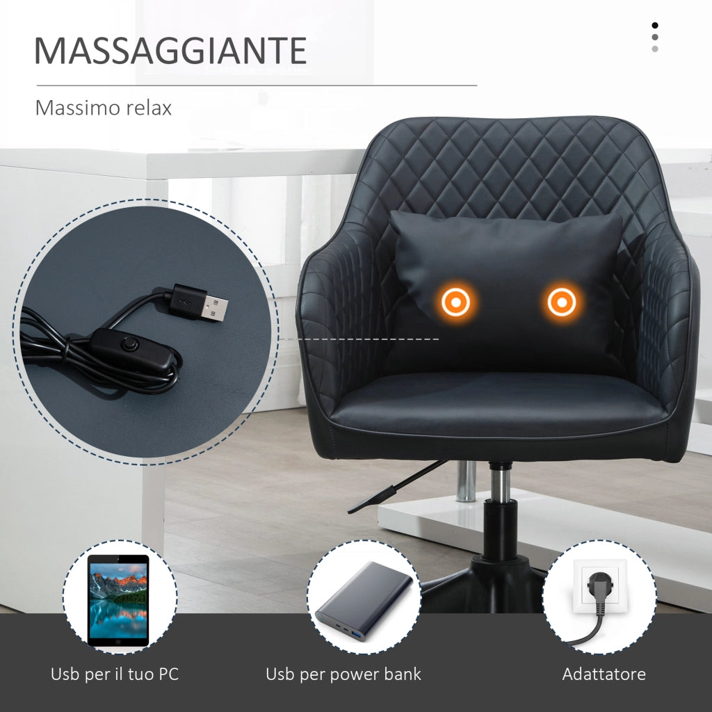 Easycomfort Sedia da Ufficio Massaggiante a 2 Punti Vibrante con Cuscino e Alimentazione USB, Poltrona Ufficio con Braccioli e Altezza Regolabile, Nero