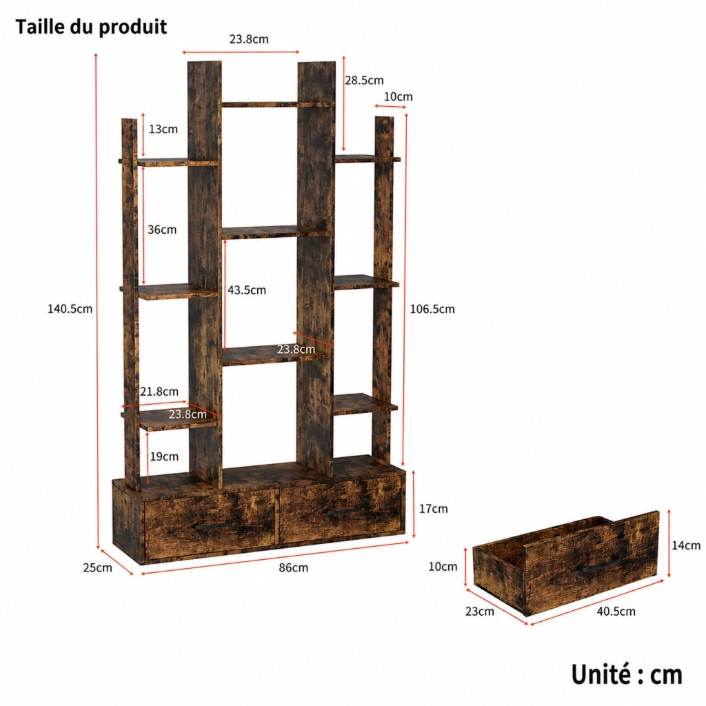 Libreria a giorno con 12 vani aperti e 2 cassetti design ad albero per soggiorno e studio in legno e metallo