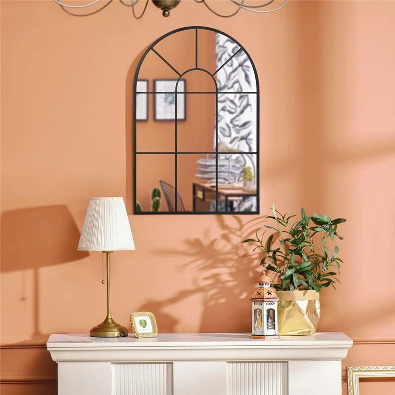 SPECCHIO MODERNO A PARETE E A FORMA DI ARCO 91X60 CM PER CAMERA DA LETTO E SOGGIORNO, IN METALLO NERO E VETRO