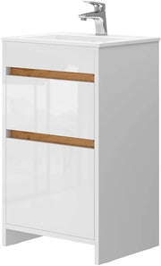Set mobili bagno Detmold, Bianco lucido/oro power oak, 49 cm, composto da mobile sottolavabo e lavabo