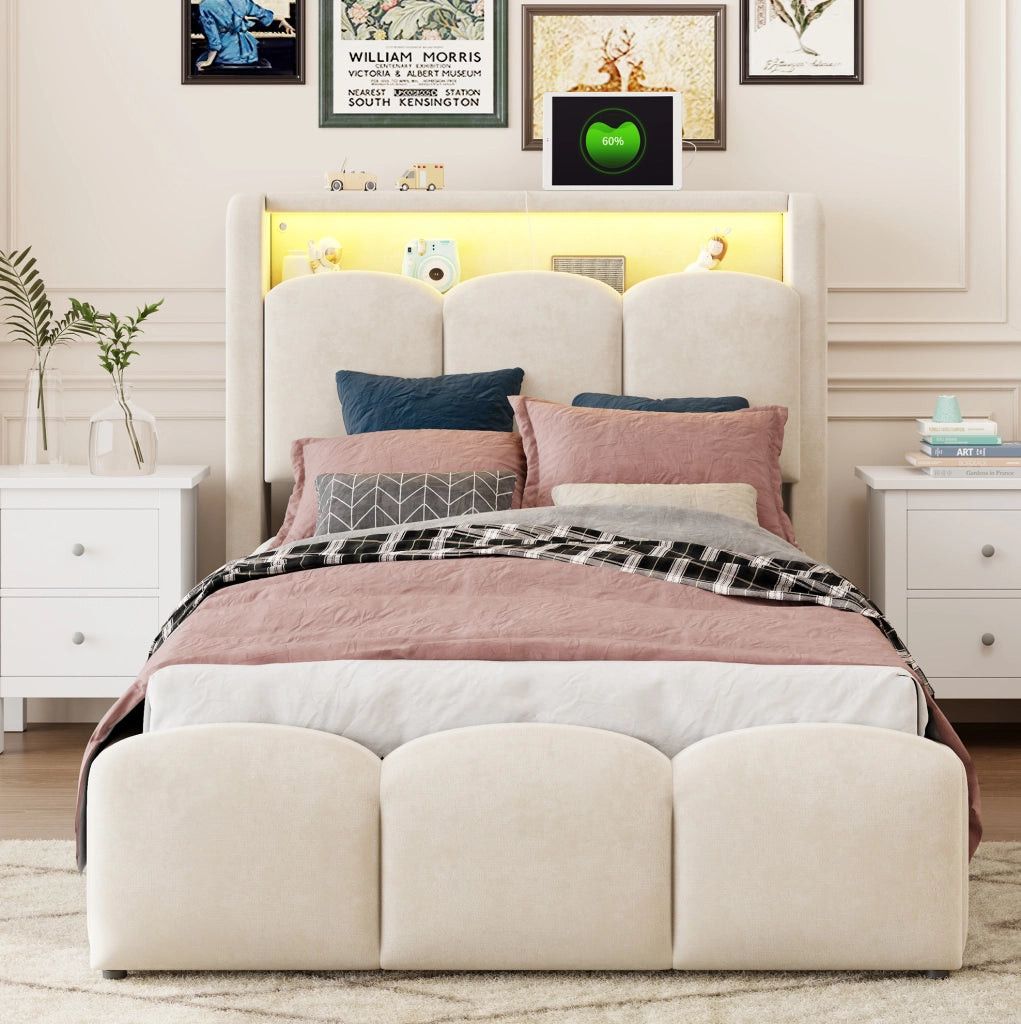 Letto imbottito 90x200 cm in tessuto effetto velluto beige con LED; USB e vano contenitore