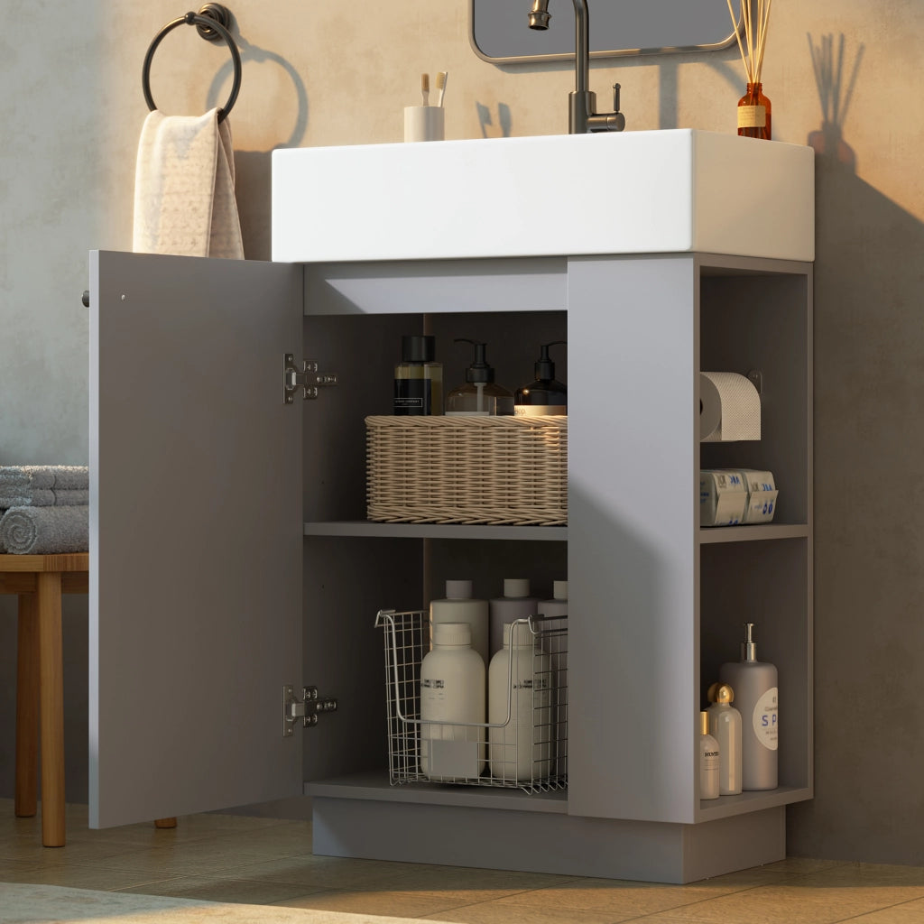 Mobile sotto lavabo 55 cm con lavabo in ceramica, porta carta igienica removibile, finitura grigio MDF, soft-close