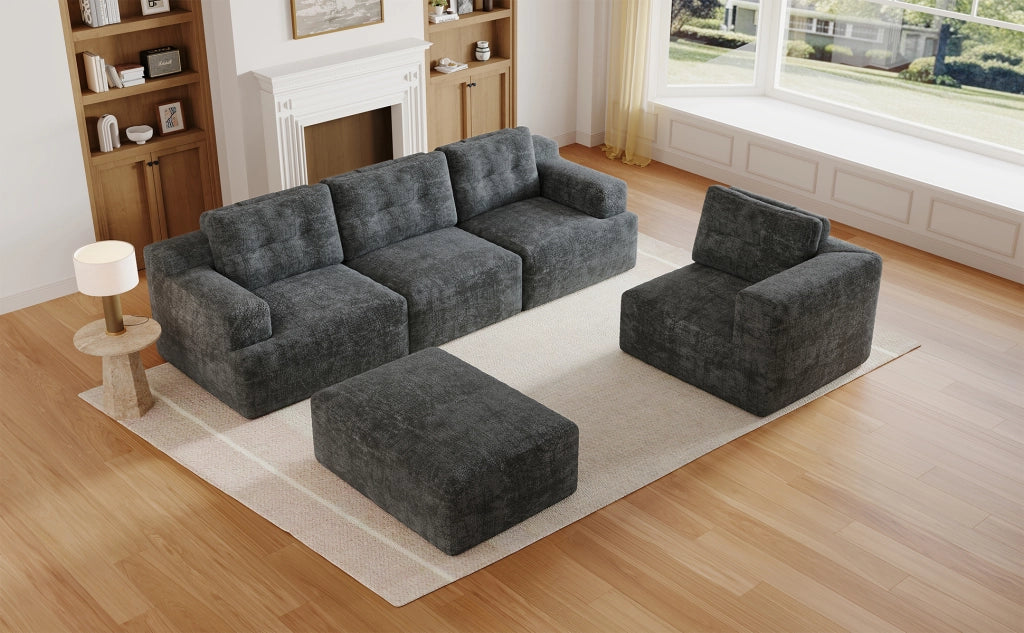 Divano modulare a U in chenille grigio, 5-6 posti, senza montaggio, con pouf