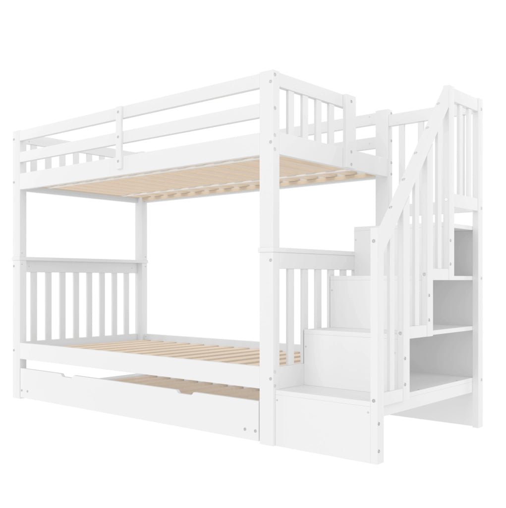 Letto a castello 90x200 cm con letto estraibile e scala con scaffali
