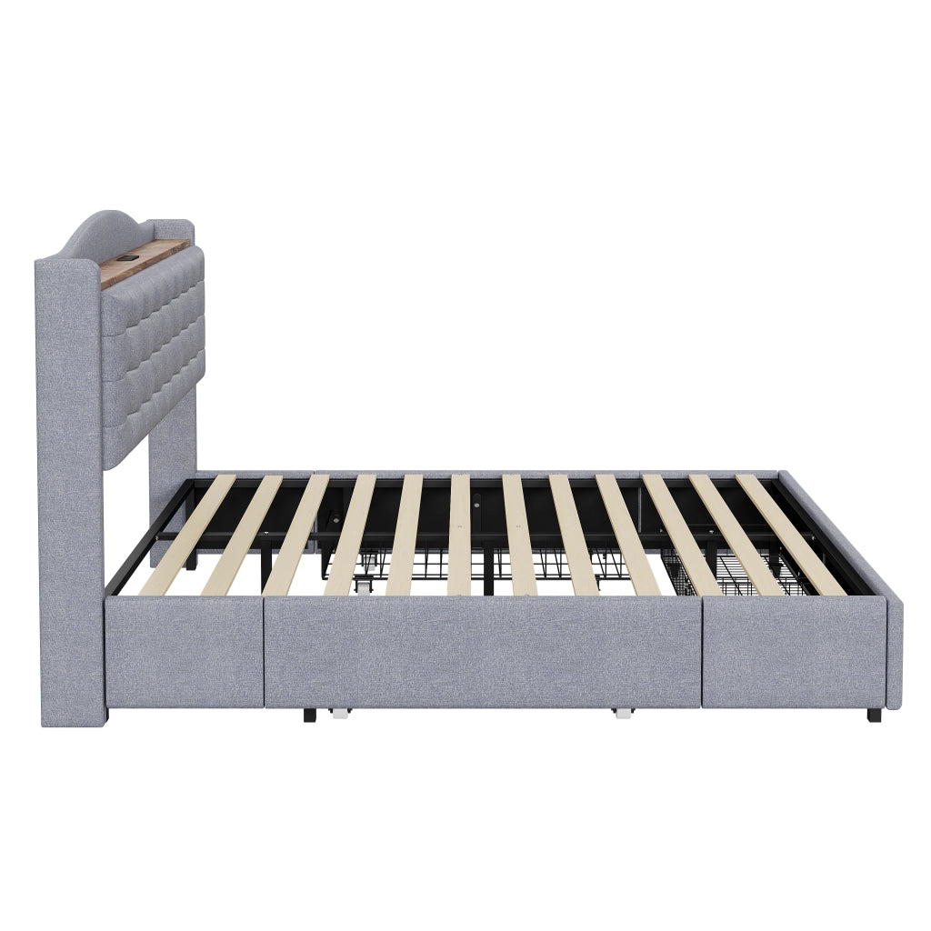 OKWISH Letto con Cassetti 160×200 cm, Letto Matrimoniale con USB, 4 Cassetti e Mensola, senza Materasso, Imbottito Grigio