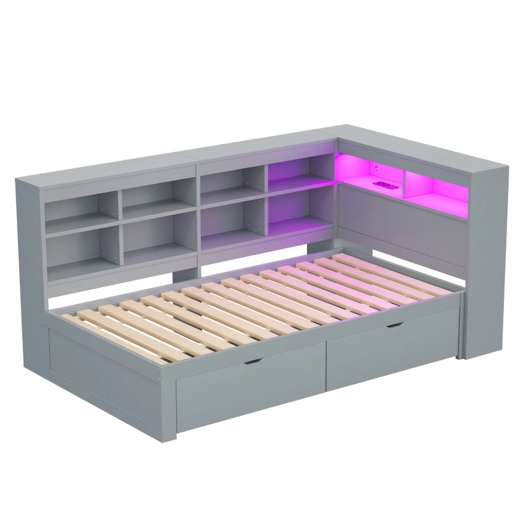 Letto singolo 90x200 cm con cassetti, USB e LED in pino, compensato e MDF grigio