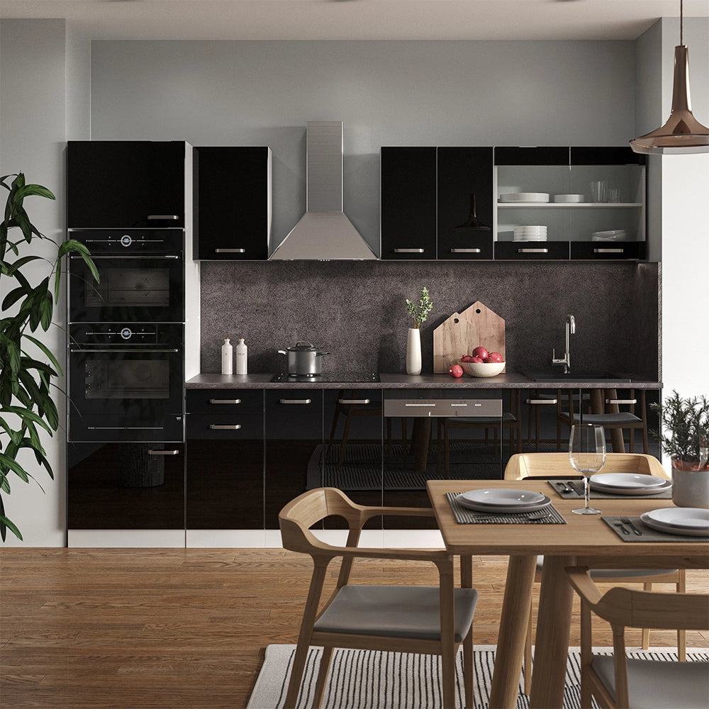 Vicco Cucina componibile Nero lucido/bianco 300 cm con armadio alto, PL Rovere