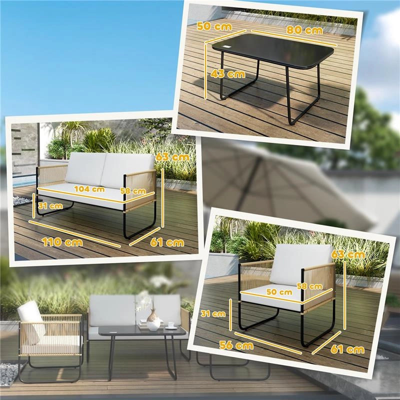 SET DA GIARDINO 4 PEZZI IN RATTAN E ACCIAIO CON DIVANETTO 2 POLTRONE DA ESTERNO E TAVOLINO BASSO MULTICOLORE