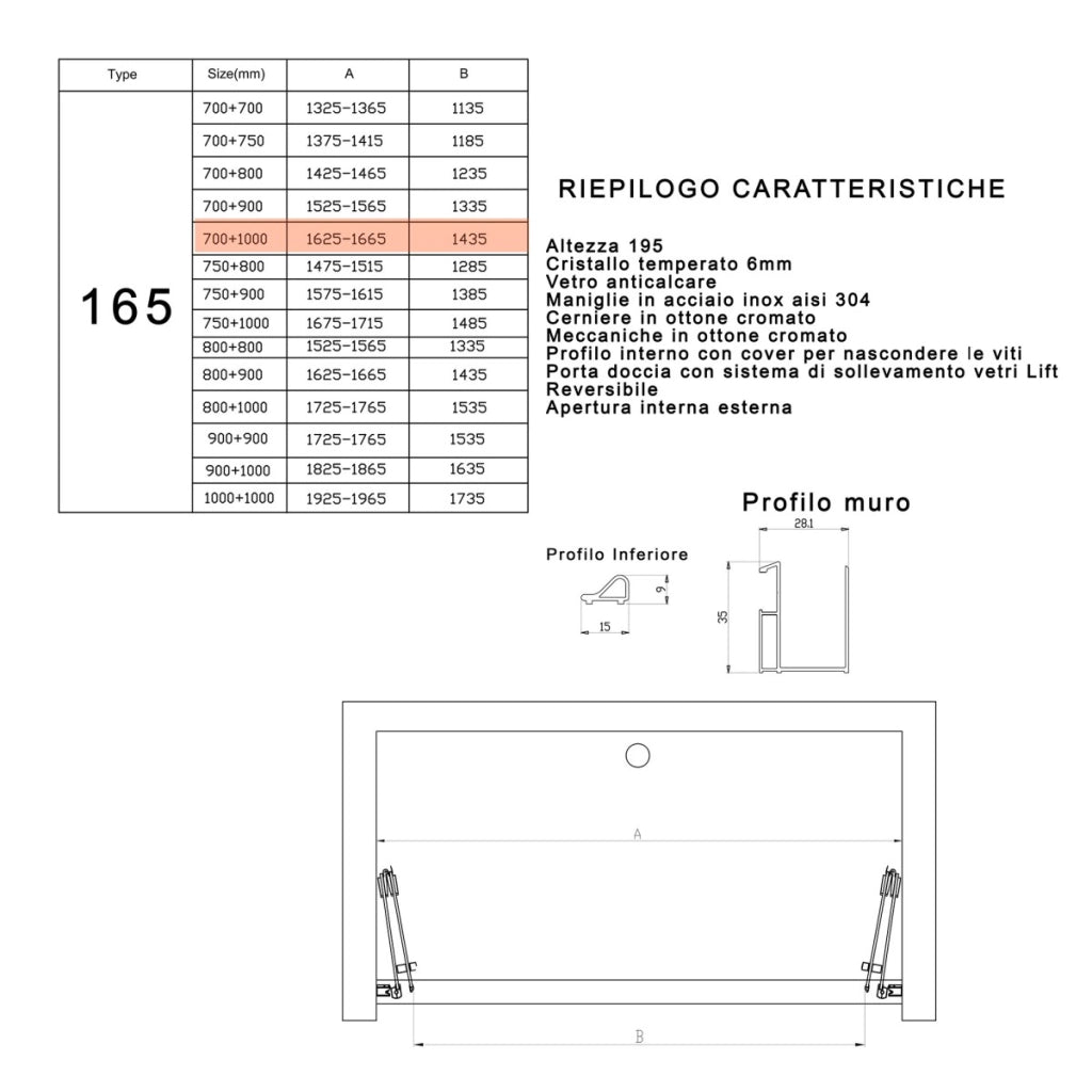 Porta doccia pieghevole ingresso centrale h195cm 6mm rea, misura 165