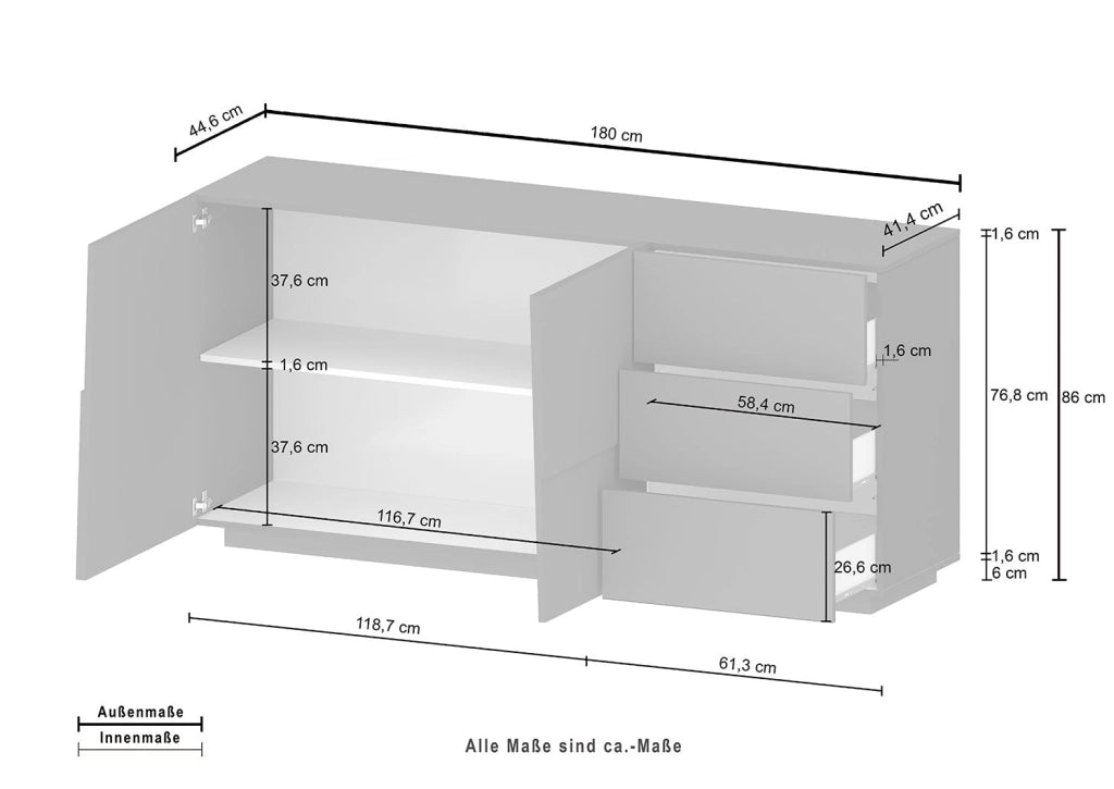Credenza 2 Ante 180x44x86 cm Pongo 2A 3C Bianco Lucido