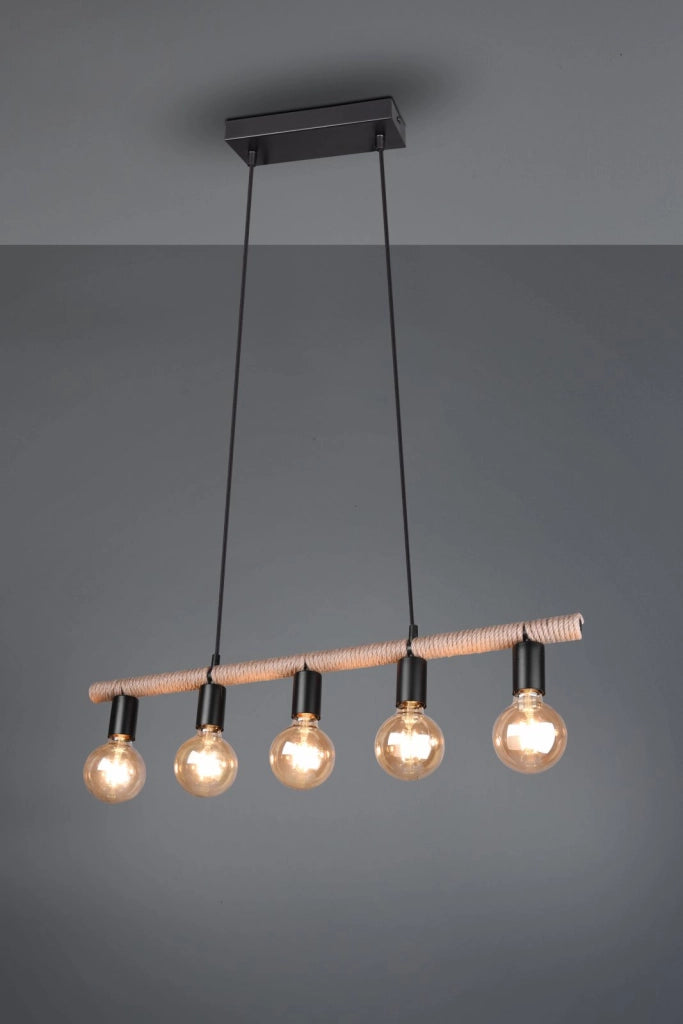 EINAR SOSPENSIONE BARRA METALLO RIVESTITA CON CORDA 5 LUCI ATTACCO E27 L. 80CM